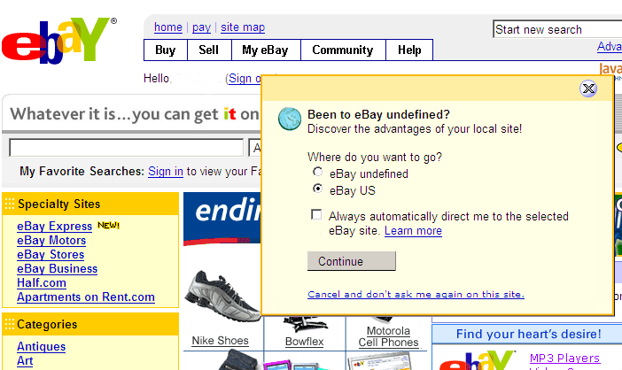Ebay screen shot of their homepage